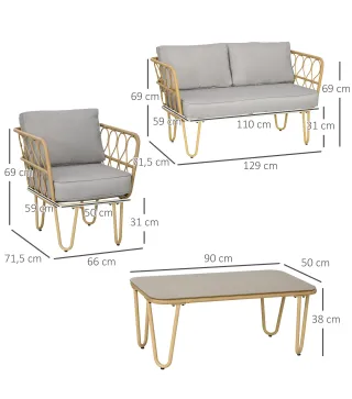 Conjunto de Jardín de Ratán Sintético con Sofá Doble 2 Sillones y Mesa de Centro con Encimera de Cristal y Cojines