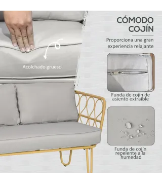 Conjunto de Jardín de Ratán Sintético con Sofá Doble 2 Sillones y Mesa de Centro con Encimera de Cristal y Cojines