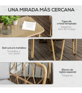 Conjunto de Jardín de Ratán Sintético con Sofá Doble 2 Sillones y Mesa de Centro con Encimera de Cristal y Cojines
