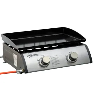 Plancha de Gas Sobremesa con 2 Quemadores de Acero Inoxidable 6 kW con Plancha para Jardín Camping 48,5x48x21 cm Plata