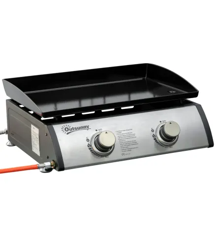 Plancha de Gas Sobremesa con 2 Quemadores de Acero Inoxidable 6 kW con Plancha para Jardín Camping 48,5x48x21 cm Plata