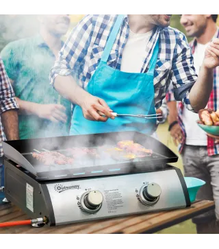 Plancha de Gas Sobremesa con 2 Quemadores de Acero Inoxidable 6 kW con Plancha para Jardín Camping 48,5x48x21 cm Plata