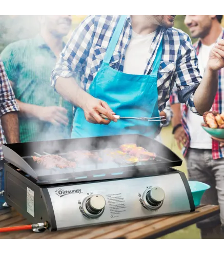 Plancha de Gas Sobremesa con 2 Quemadores de Acero Inoxidable 6 kW con Plancha para Jardín Camping 48,5x48x21 cm Plata