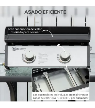 Plancha de Gas Sobremesa con 2 Quemadores de Acero Inoxidable 6 kW con Plancha para Jardín Camping 48,5x48x21 cm Plata