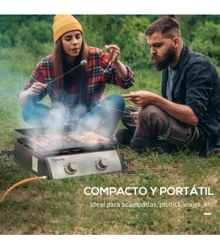 Plancha de Gas Sobremesa con 2 Quemadores de Acero Inoxidable 6 kW con Plancha para Jardín Camping 48,5x48x21 cm Plata