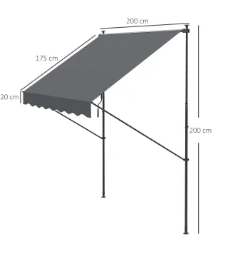 Toldo Manual Retráctil 200x175x210-310 cm Ajustable con Manivela Protección Solar UV40+ para Balcón Terraza Gris