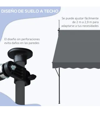 Toldo Manual Retráctil 200x175x210-310 cm Ajustable con Manivela Protección Solar UV40+ para Balcón Terraza Gris