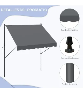 Toldo Manual Retráctil 200x175x210-310 cm Ajustable con Manivela Protección Solar UV40+ para Balcón Terraza Gris