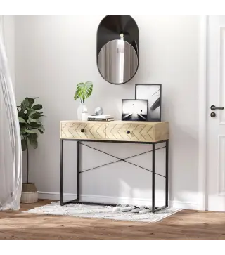 Mesa de Consola 90x35x76 cm Mesa de Entrada con 2 Cajones de Almacenamiento Decorativos y Estructura de Metal para Recib