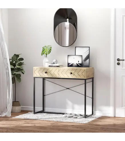 Mesa de Consola 90x35x76 cm Mesa de Entrada con 2 Cajones de Almacenamiento Decorativos y Estructura de Metal para Recibidor Pas