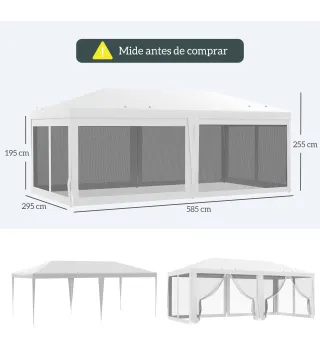 Carpa de Jardín 6x3 m con 6 Mosquiteras Laterales 2 Puertas con Cremallera para Terraza Patio Blanco