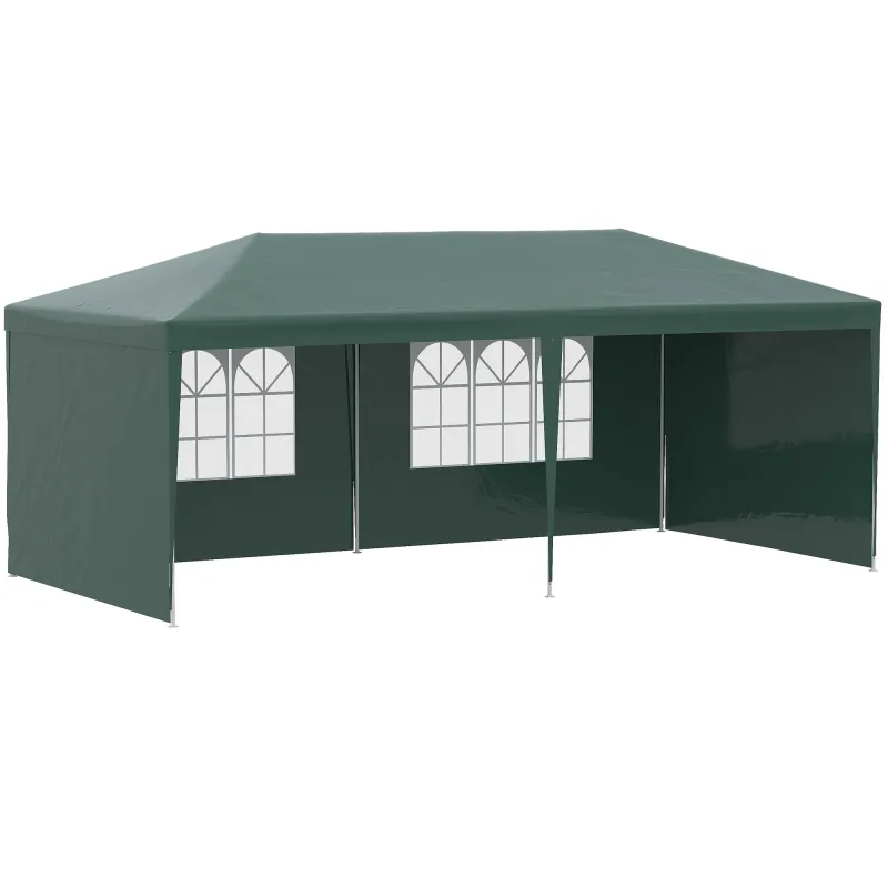 Carpa de Jardín 6x3m con 4 Paredes Laterales y 2 Ventanas Visibles Cenador Gazebo de Exterior para Fiestas Eventos Verde