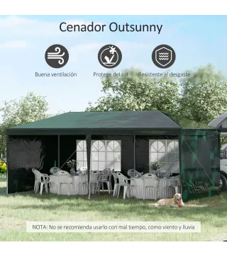 Carpa de Jardín 6x3m con 4 Paredes Laterales y 2 Ventanas Visibles Cenador Gazebo de Exterior para Fiestas Eventos Verde