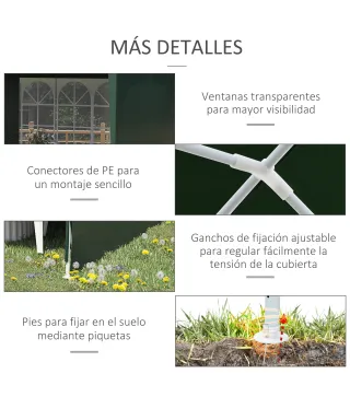 Carpa de Jardín 6x3m con 4 Paredes Laterales y 2 Ventanas Visibles Cenador Gazebo de Exterior para Fiestas Eventos Verde