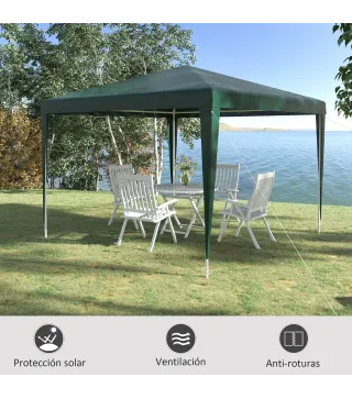 Carpa Desmontable 3x3 m Cenador Pabellón de Jardín con 4 Orificios de Drenaje y Marco de Acero para Terraza Patio Verde