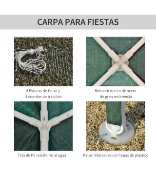 Carpa Desmontable 3x3 m Cenador Pabellón de Jardín con 4 Orificios de Drenaje y Marco de Acero para Terraza Patio Verde