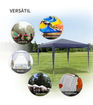 Carpa Desmontable 3x3 m Cenador Pabellón de Jardín con 4 Orificios de Drenaje y Marco de Metal para Terraza Patio Azul