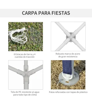 Carpa Desmontable 3x3 m Cenador Pabellón de Jardín con 4 Orificios de Drenaje y Marco de Metal para Terraza Patio Azul