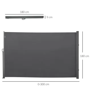 Toldo Lateral Retráctil 300x180 cm Pantalla Enrollable Mampara de Privacidad y Protección Solar para Balcón Terraza Gris