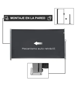 Toldo Lateral Retráctil 300x180 cm Pantalla Enrollable Mampara de Privacidad y Protección Solar para Balcón Terraza Gris