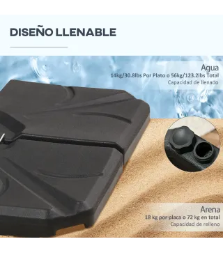 Base para Sombrilla de 4 Piezas Rellenable con Arena 72 kg o Agua 56 kg para Jardín Patio Terraza Negro