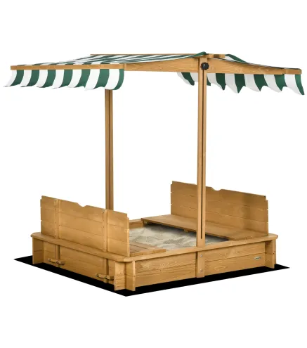 Arenero Infantil con Toldo Ajustable en Altura 2 Bancos y Respaldos Desmontables para Patio 106x106x115 cm Natural