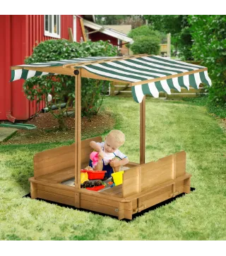 Arenero Infantil con Toldo Ajustable en Altura 2 Bancos y Respaldos Desmontables para Patio 106x106x115 cm Natural