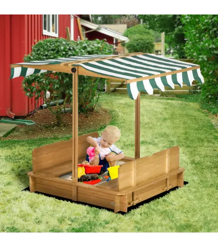 Arenero Infantil con Toldo Ajustable en Altura 2 Bancos y Respaldos Desmontables para Patio 106x106x115 cm Natural