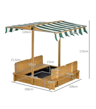 Arenero Infantil con Toldo Ajustable en Altura 2 Bancos y Respaldos Desmontables para Patio 106x106x115 cm Natural