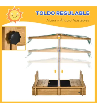 Arenero Infantil con Toldo Ajustable en Altura 2 Bancos y Respaldos Desmontables para Patio 106x106x115 cm Natural