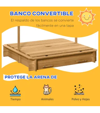 Arenero Infantil con Toldo Ajustable en Altura 2 Bancos y Respaldos Desmontables para Patio 106x106x115 cm Natural