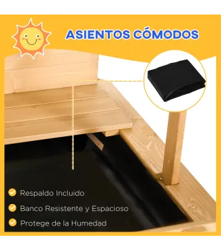 Arenero Infantil con Toldo Ajustable en Altura 2 Bancos y Respaldos Desmontables para Patio 106x106x115 cm Natural