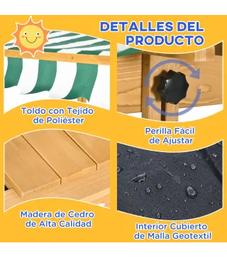 Arenero Infantil con Toldo Ajustable en Altura 2 Bancos y Respaldos Desmontables para Patio 106x106x115 cm Natural
