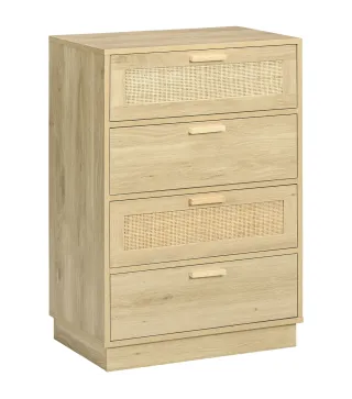 Cómoda con 4 Cajones de Rejilla de Ratán Cajonera de Madera para Dormitorio Estilo Cannage Bohemio 60x38x88,5cm Natural