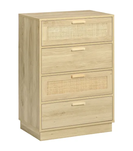 Cómoda con 4 Cajones de Rejilla de Ratán Cajonera de Madera para Dormitorio Estilo Cannage Bohemio 60x38x88,5cm Natural