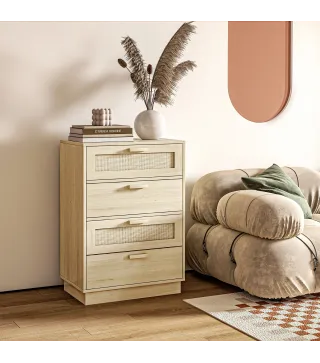 Cómoda con 4 Cajones de Rejilla de Ratán Cajonera de Madera para Dormitorio Estilo Cannage Bohemio 60x38x88,5cm Natural