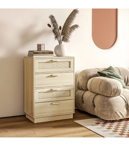 Cómoda con 4 Cajones de Rejilla de Ratán Cajonera de Madera para Dormitorio Estilo Cannage Bohemio 60x38x88,5cm Natural