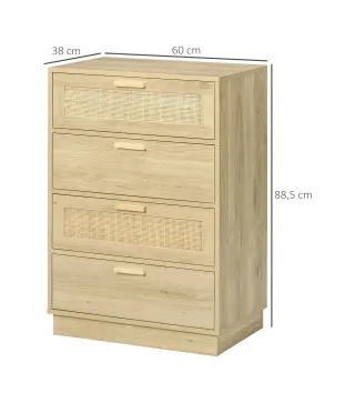 Cómoda con 4 Cajones de Rejilla de Ratán Cajonera de Madera para Dormitorio Estilo Cannage Bohemio 60x38x88,5cm Natural