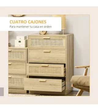 Cómoda con 4 Cajones de Rejilla de Ratán Cajonera de Madera para Dormitorio Estilo Cannage Bohemio 60x38x88,5cm Natural
