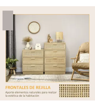 Cómoda con 4 Cajones de Rejilla de Ratán Cajonera de Madera para Dormitorio Estilo Cannage Bohemio 60x38x88,5cm Natural