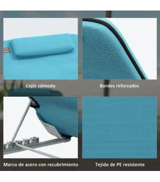 Conjunto de 2 Esterillas con Respaldo Reclinable en 5 Niveles Reposacabezas y Bolsa de Transporte 134x48x33-43 cm Azul