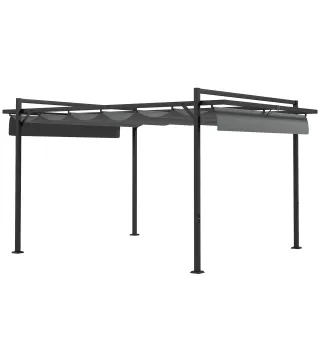 Cenador de Jardín 3x4 m con Techo Retráctil de Poliéster y 12 Orificios de Drenaje Pérgola para Terraza Gris Oscuro