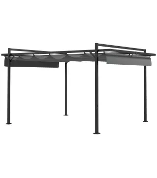 Cenador de Jardín 3x4 m con Techo Retráctil de Poliéster y 12 Orificios de Drenaje Pérgola para Terraza Gris Oscuro