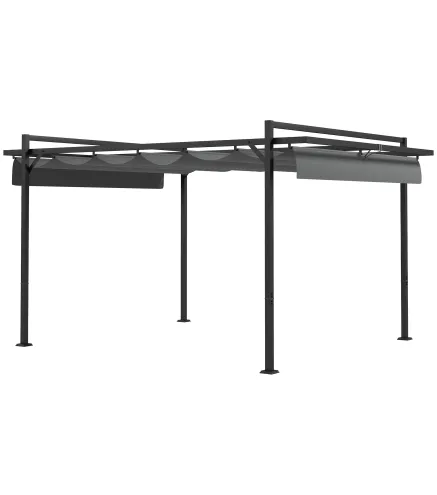 Cenador de Jardín 3x4 m con Techo Retráctil de Poliéster y 12 Orificios de Drenaje Pérgola para Terraza Gris Oscuro