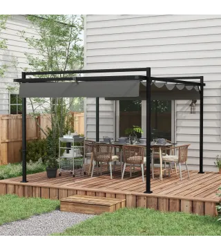 Cenador de Jardín 3x4 m con Techo Retráctil de Poliéster y 12 Orificios de Drenaje Pérgola para Terraza Gris Oscuro