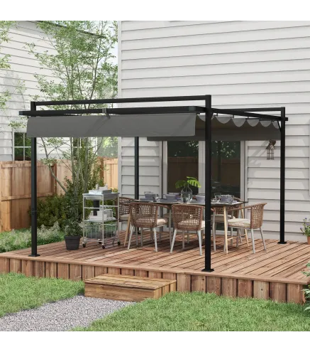Cenador de Jardín 3x4 m con Techo Retráctil de Poliéster y 12 Orificios de Drenaje Pérgola para Terraza Gris Oscuro