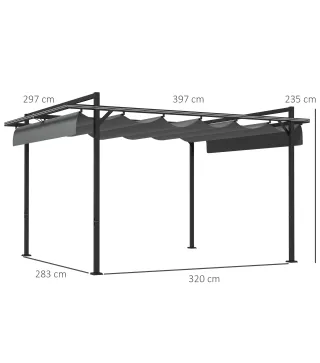 Cenador de Jardín 3x4 m con Techo Retráctil de Poliéster y 12 Orificios de Drenaje Pérgola para Terraza Gris Oscuro