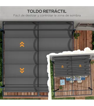 Cenador de Jardín 3x4 m con Techo Retráctil de Poliéster y 12 Orificios de Drenaje Pérgola para Terraza Gris Oscuro