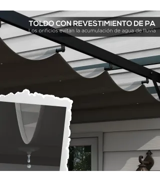 Cenador de Jardín 3x4 m con Techo Retráctil de Poliéster y 12 Orificios de Drenaje Pérgola para Terraza Gris Oscuro