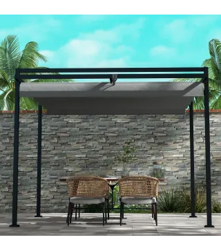 Cenador de Jardín 3x4 m con Techo Retráctil de Poliéster y 12 Orificios de Drenaje Pérgola para Terraza Gris Oscuro